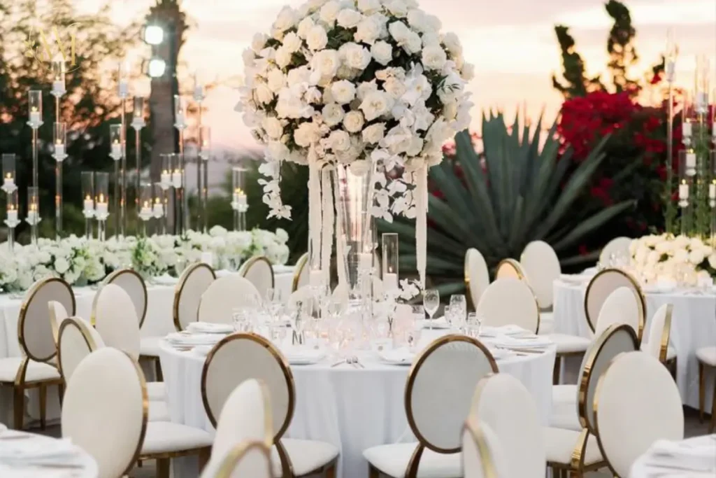 Outdoor wedding décor and floral arrangements in Dubai