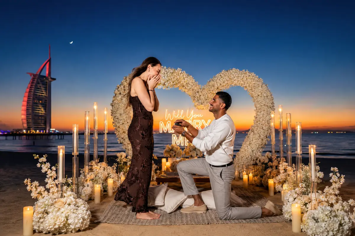 Dubai Beach Marriage Proposal with a beautiful burj al arab view