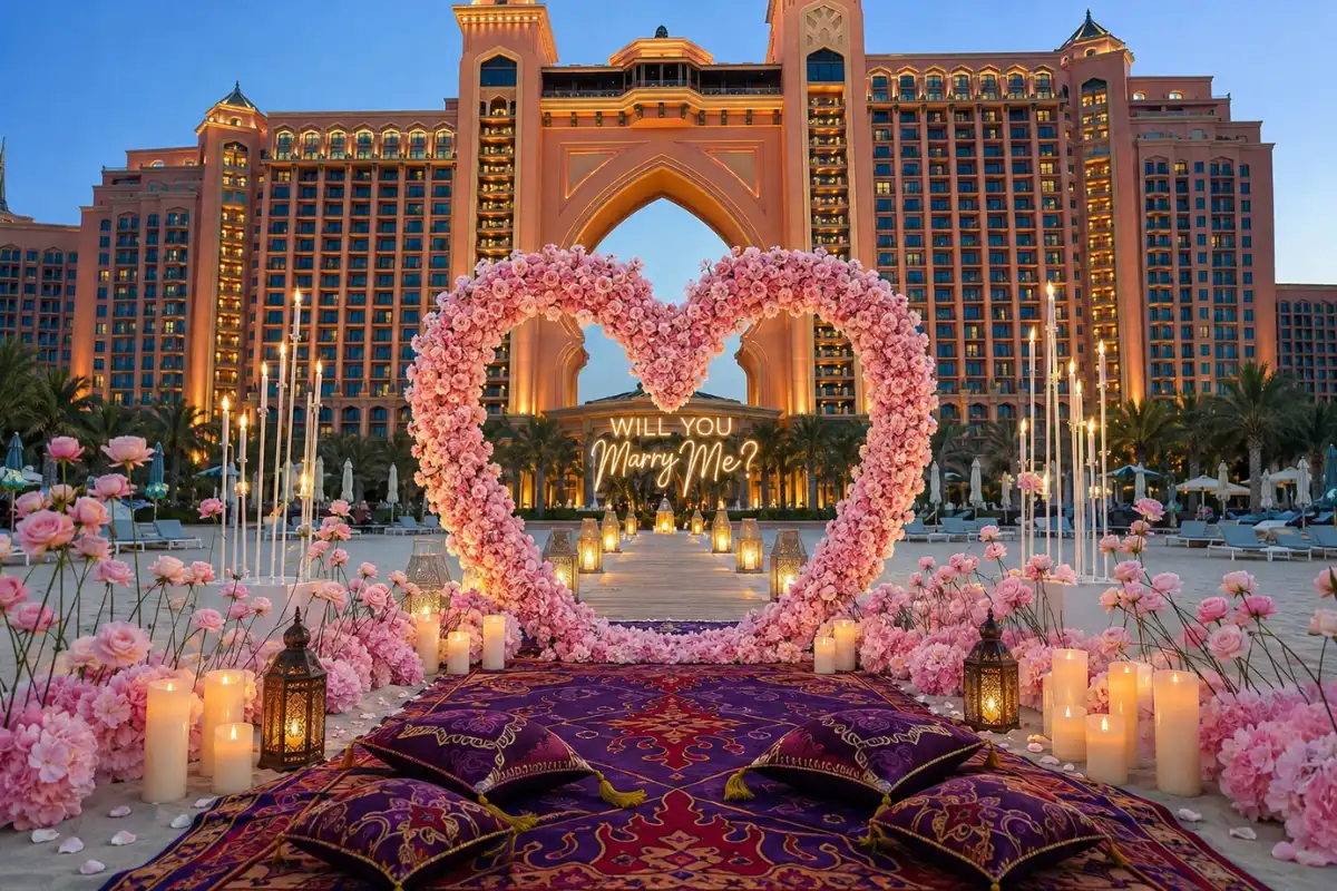 Romantic marriage proposal in Dubai with a view of Atlantis The Palm