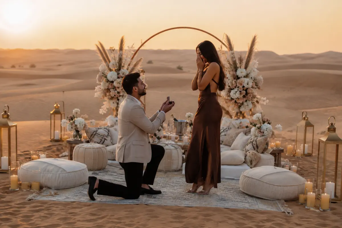 Luxury desert marriage proposal in Dubai with candles, flowers and golden-hour sand dunes